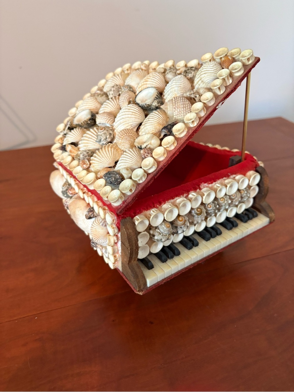 Vintage Seashell Piano Trinket Box Red Velvet Jewelry Box Coastal Decor